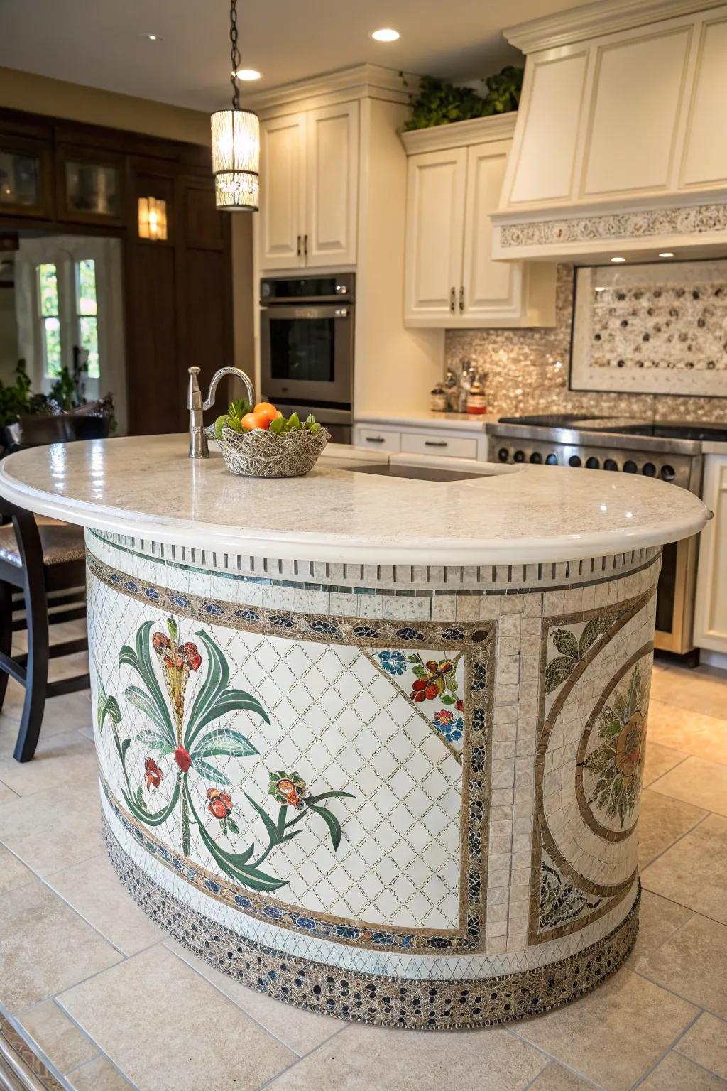 Artistic touches personalize and elevate a round kitchen island.