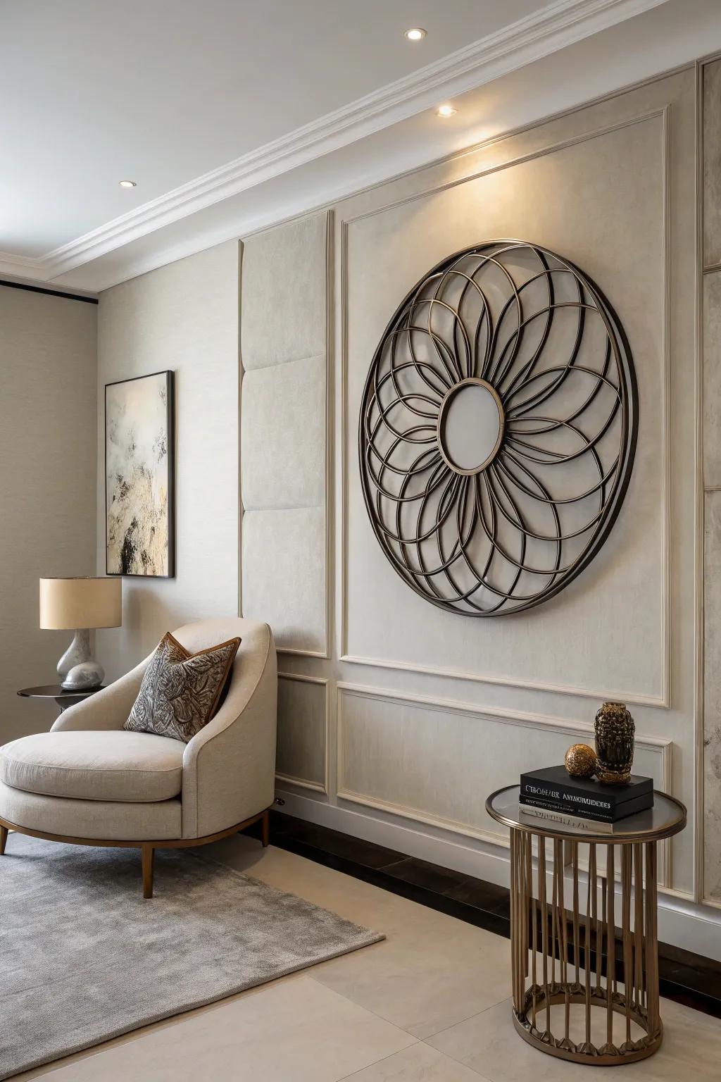 Contemporary room with a round metal sculpture as a focal point.