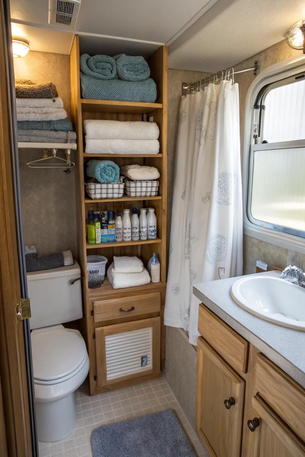 Utilize vertical space with over-the-toilet shelving.