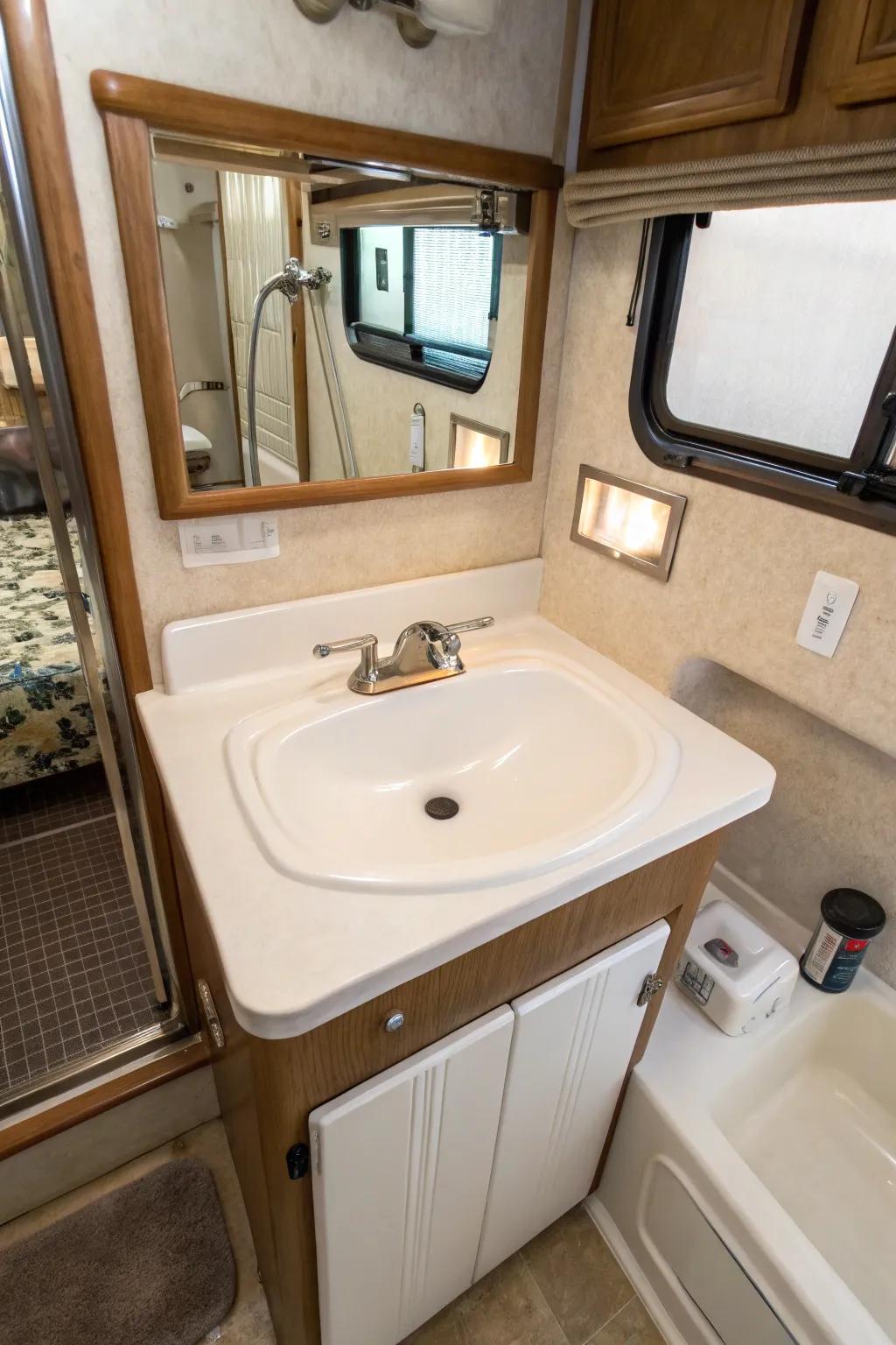 A porcelain sink offering classic appeal in an RV bathroom.