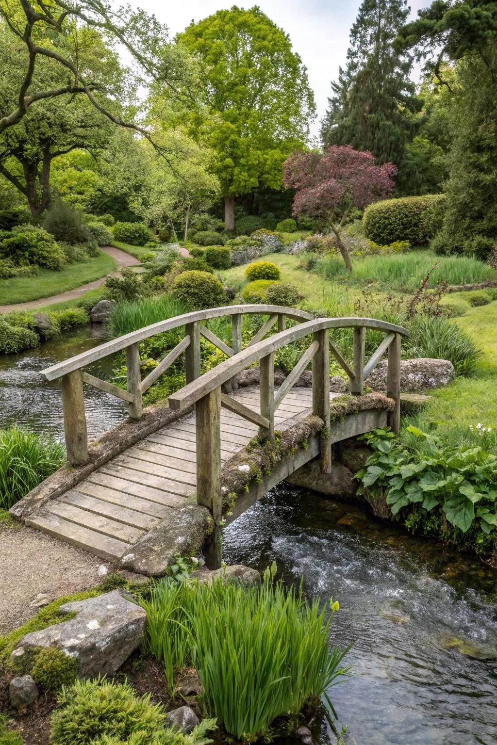 Add storybook charm with a rustic footbridge.