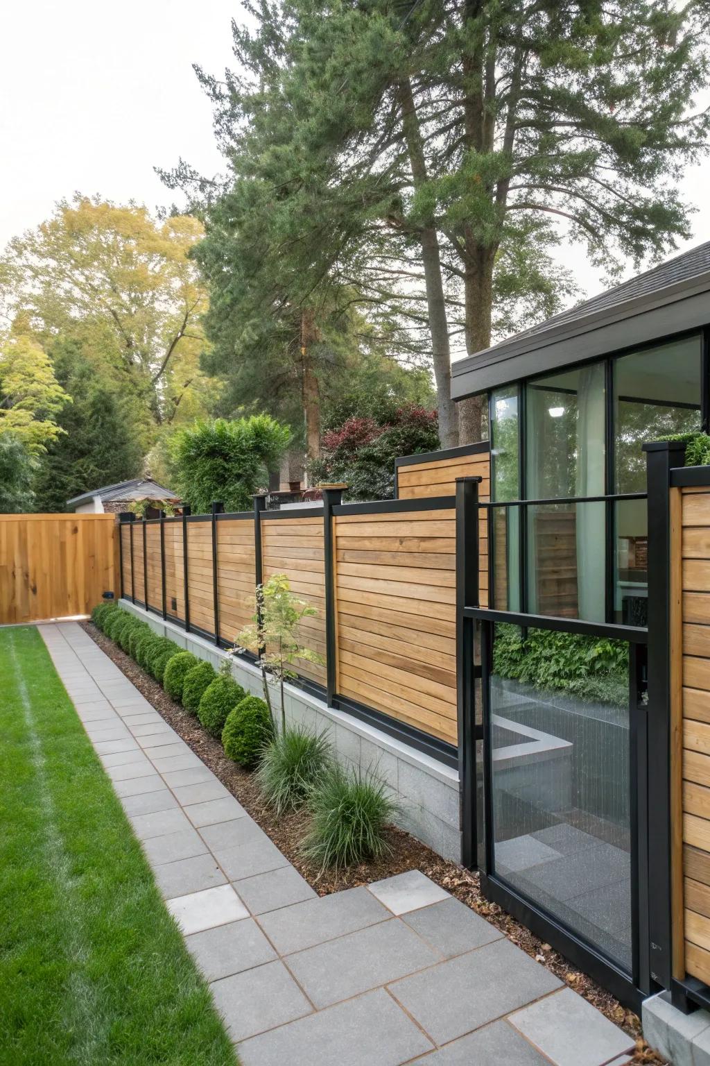 A mixed media fence brings layers and interest to this chic outdoor setting.