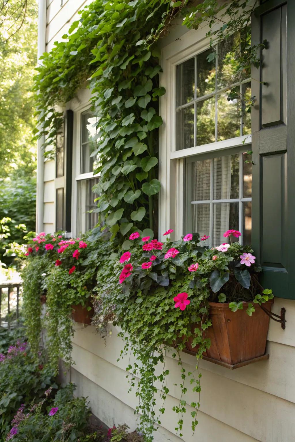 A shaded window setting with whimsical window boxes filled with impatiens and trailing vines.