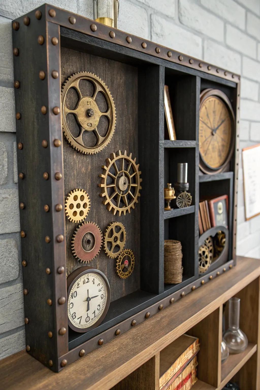 A steampunk shadow box with whimsical charm.