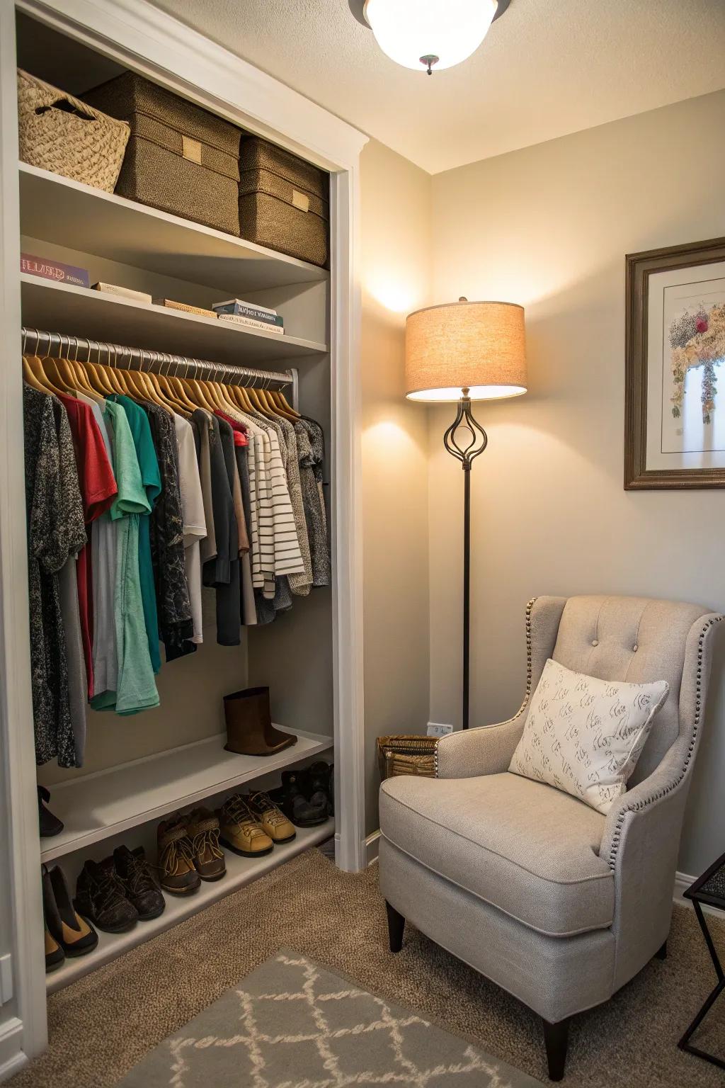 A shared closet with a unique reading nook for a quiet retreat.