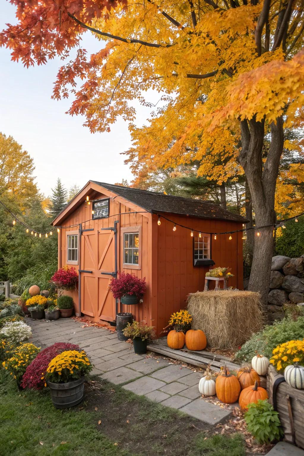 Burnt orange sheds bring an autumnal glow and warmth to your garden.