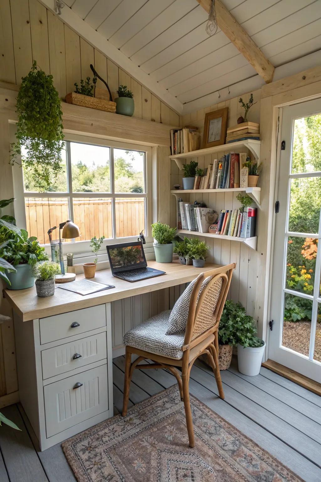 A garden shed transformed into a serene home office.