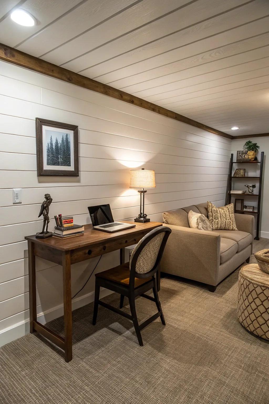 A multi-functional basement with shiplap walls dividing distinct areas.