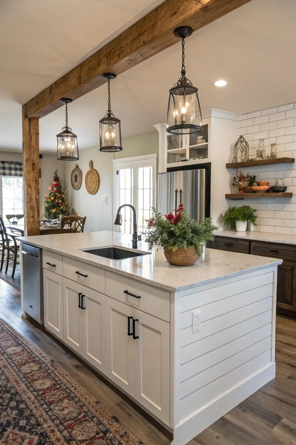 Subtle shiplap accents add character to the kitchen island.