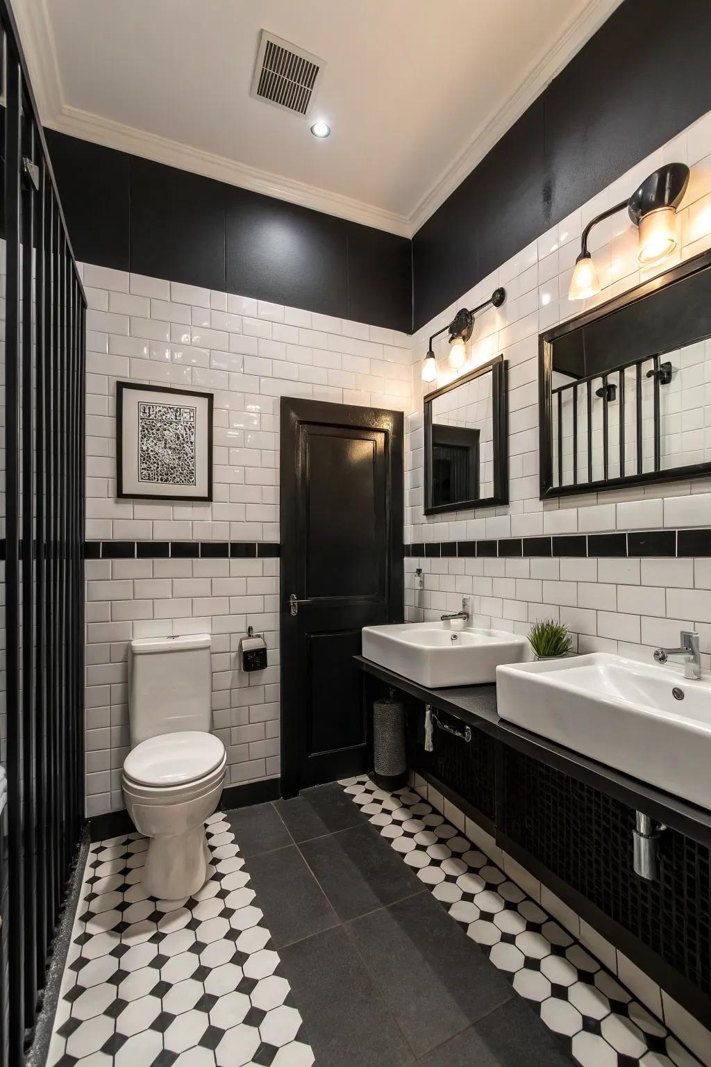 Classic black and white creates a dramatic bathroom design.