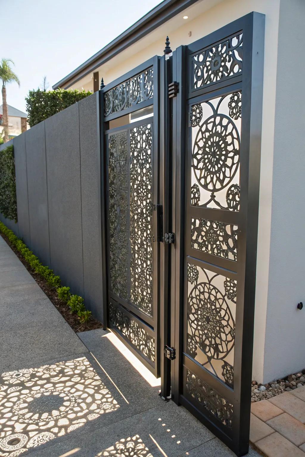 A laser-cut metal gate that showcases intricate artistry.