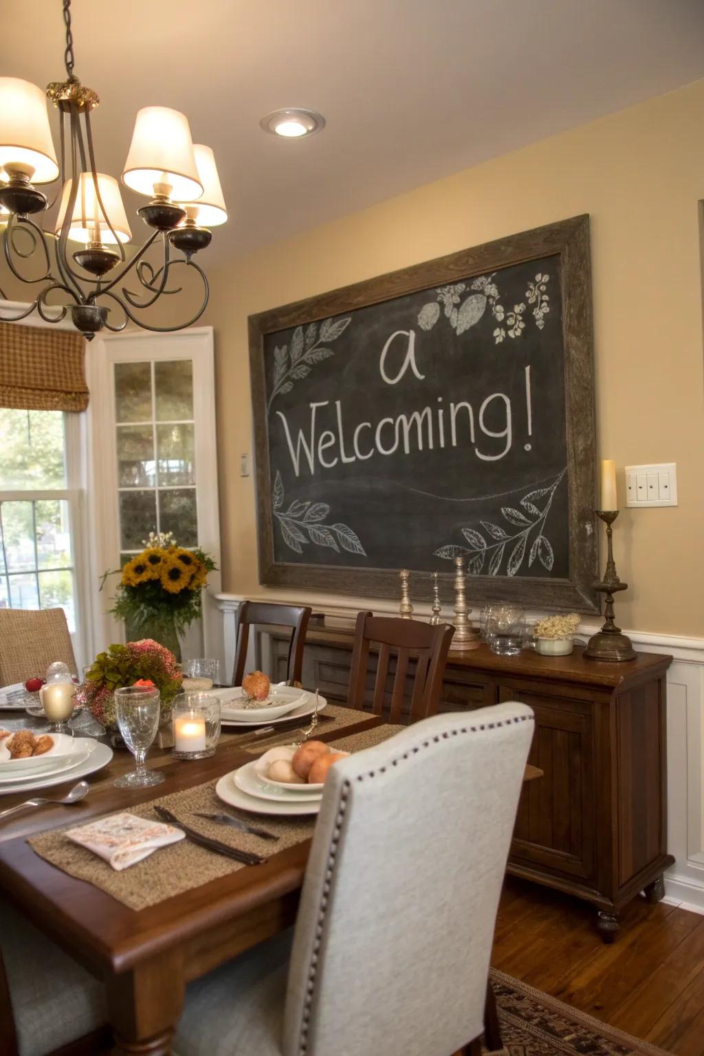 Dining room chalkboard with a welcoming quote.