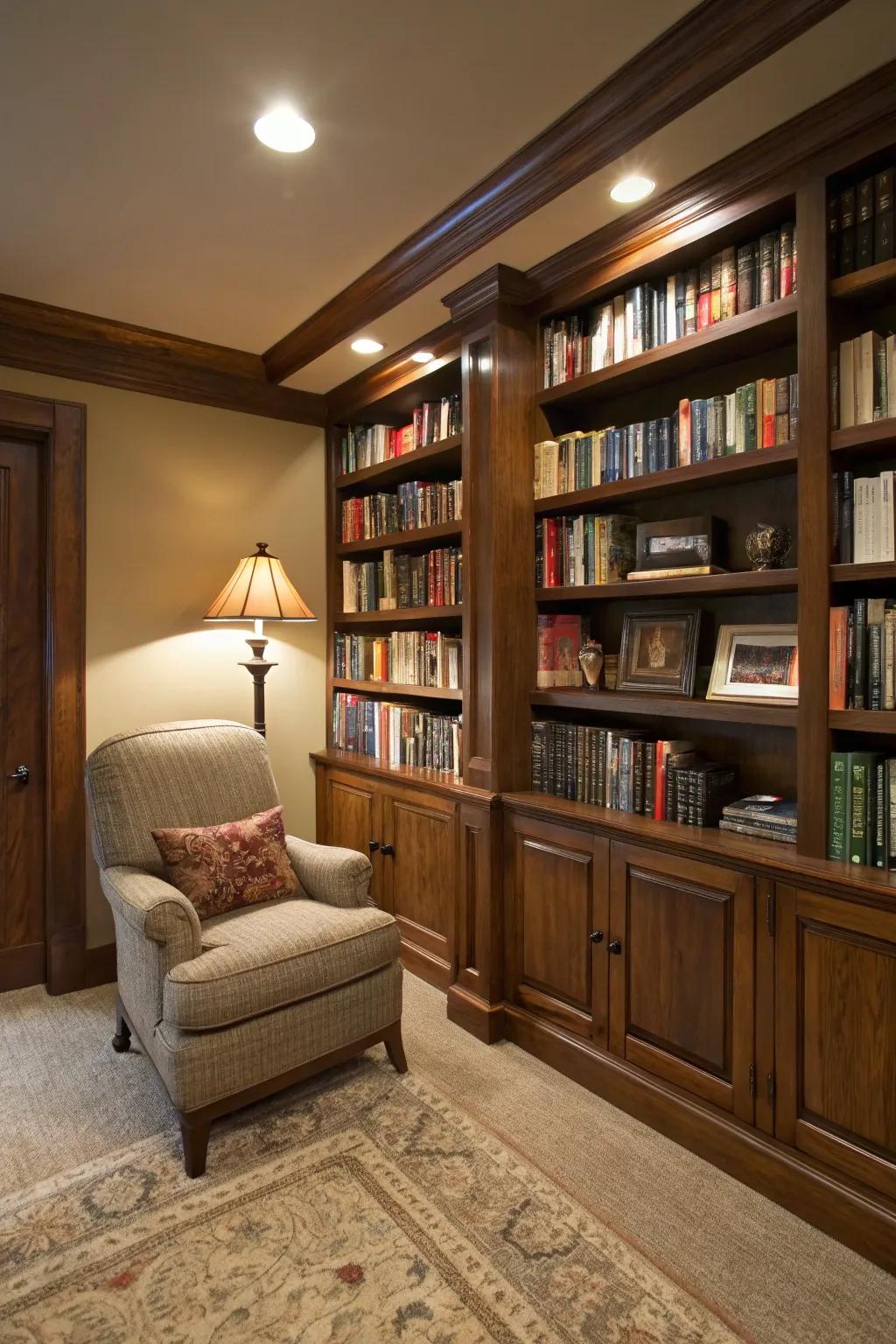 A basement library offers a quiet retreat for book lovers.