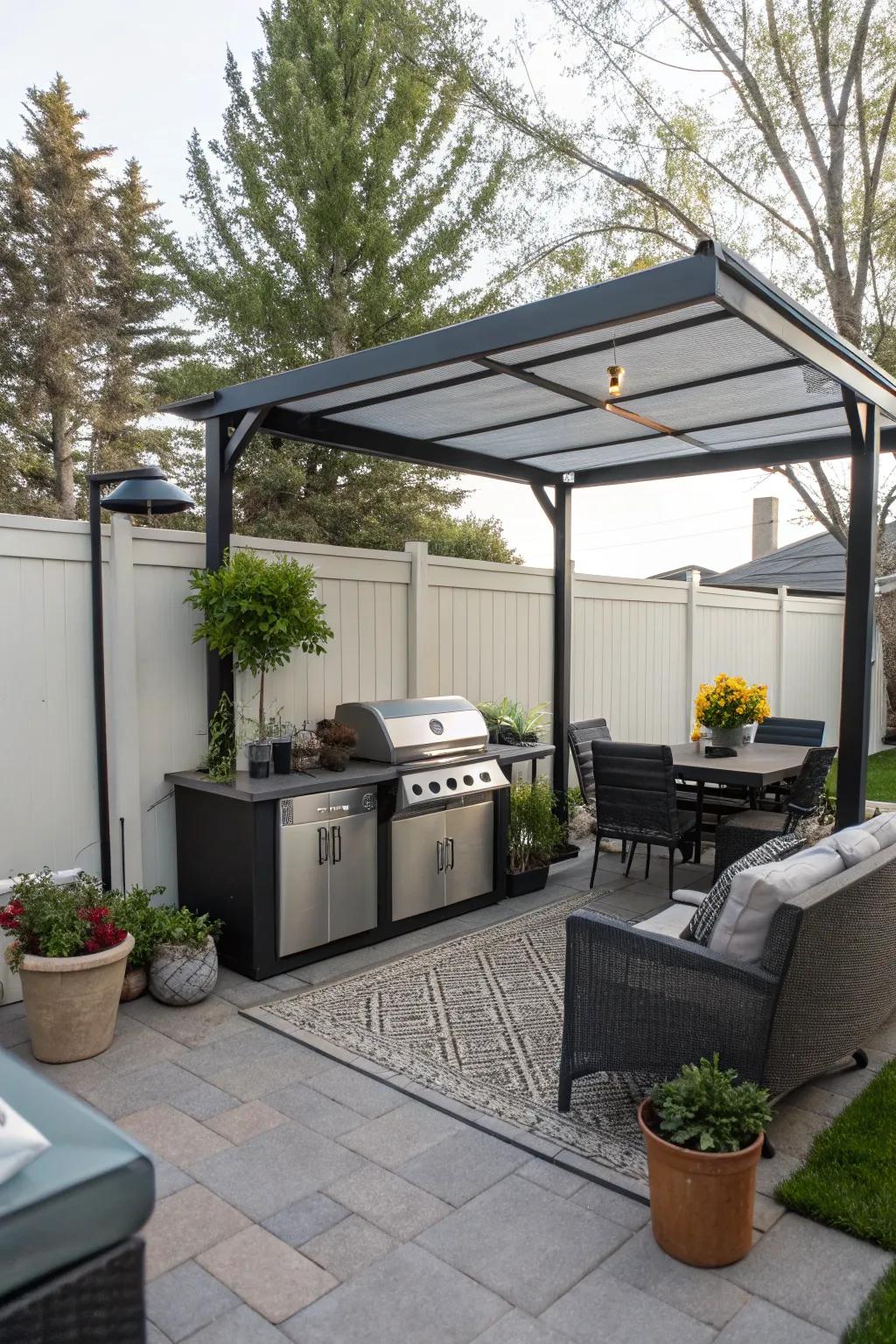 A distinctive grill cover adding charm to a small patio.