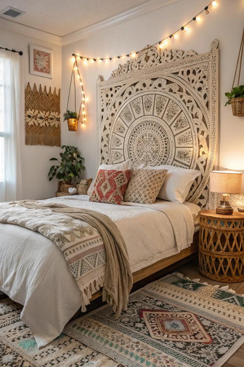 A unique headboard anchors the bohemian theme in this bedroom