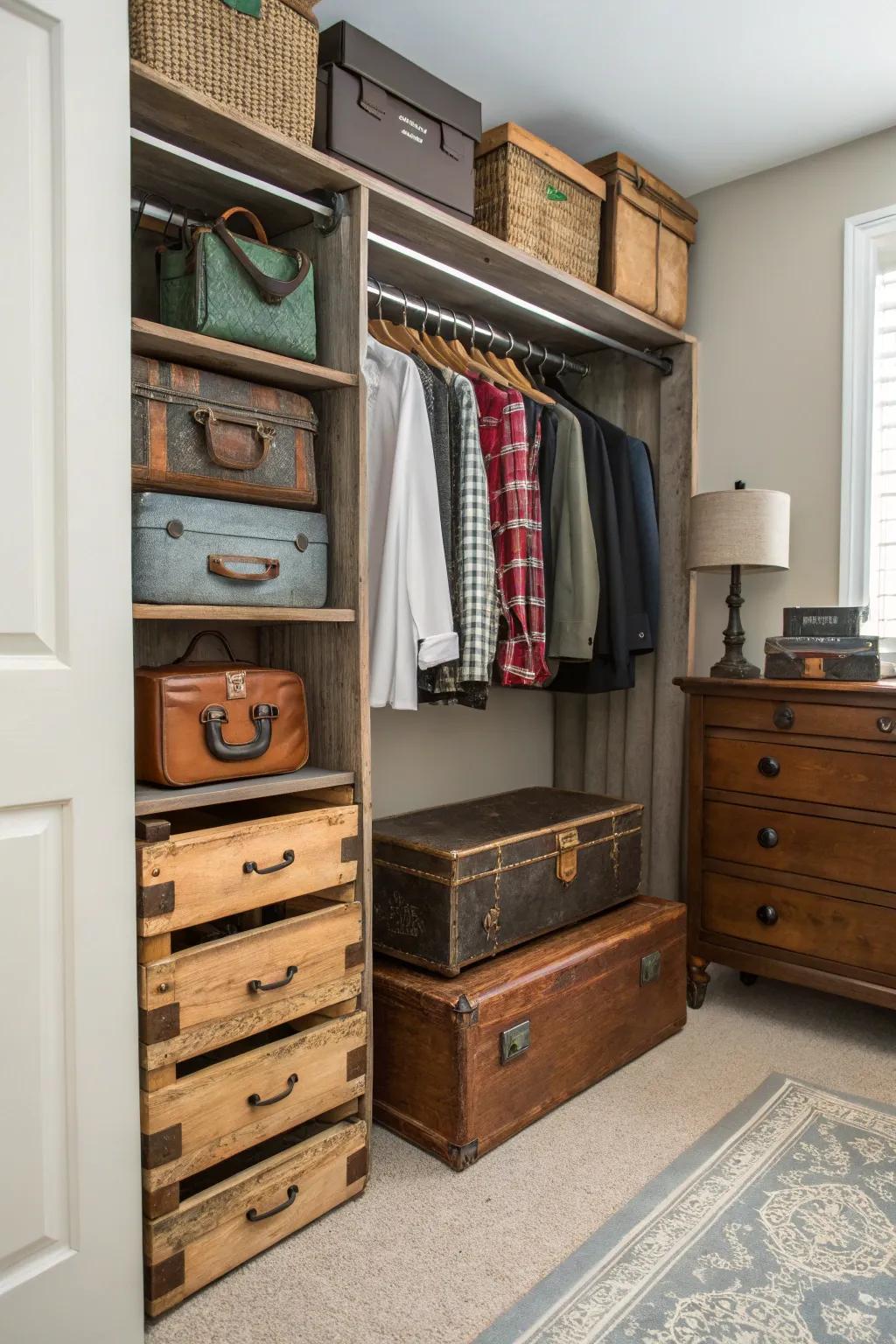 Repurposed furniture adds unique storage options.