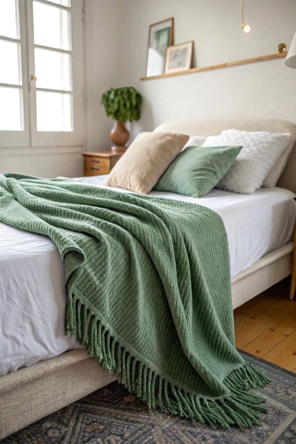 A green throw blanket adds warmth and coziness.