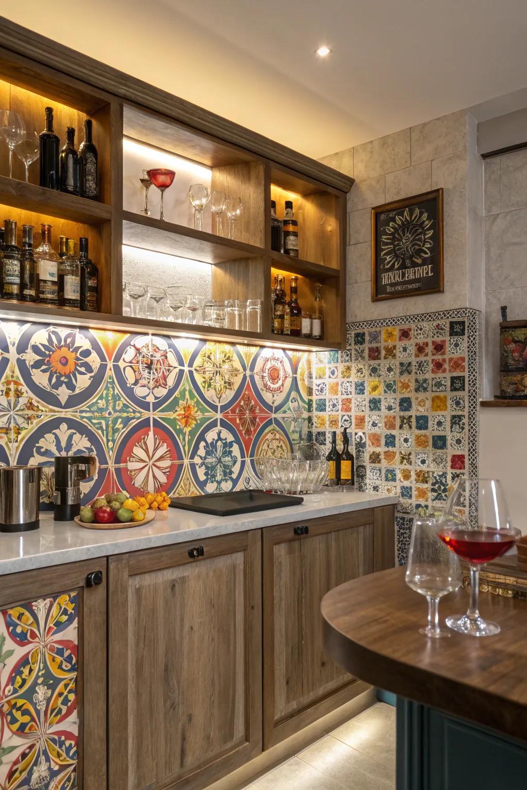 An artistic backsplash adds a unique and personal touch to your home bar.