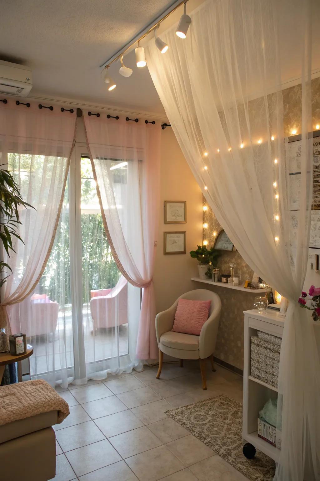 Airy curtains create a bright and private setting.