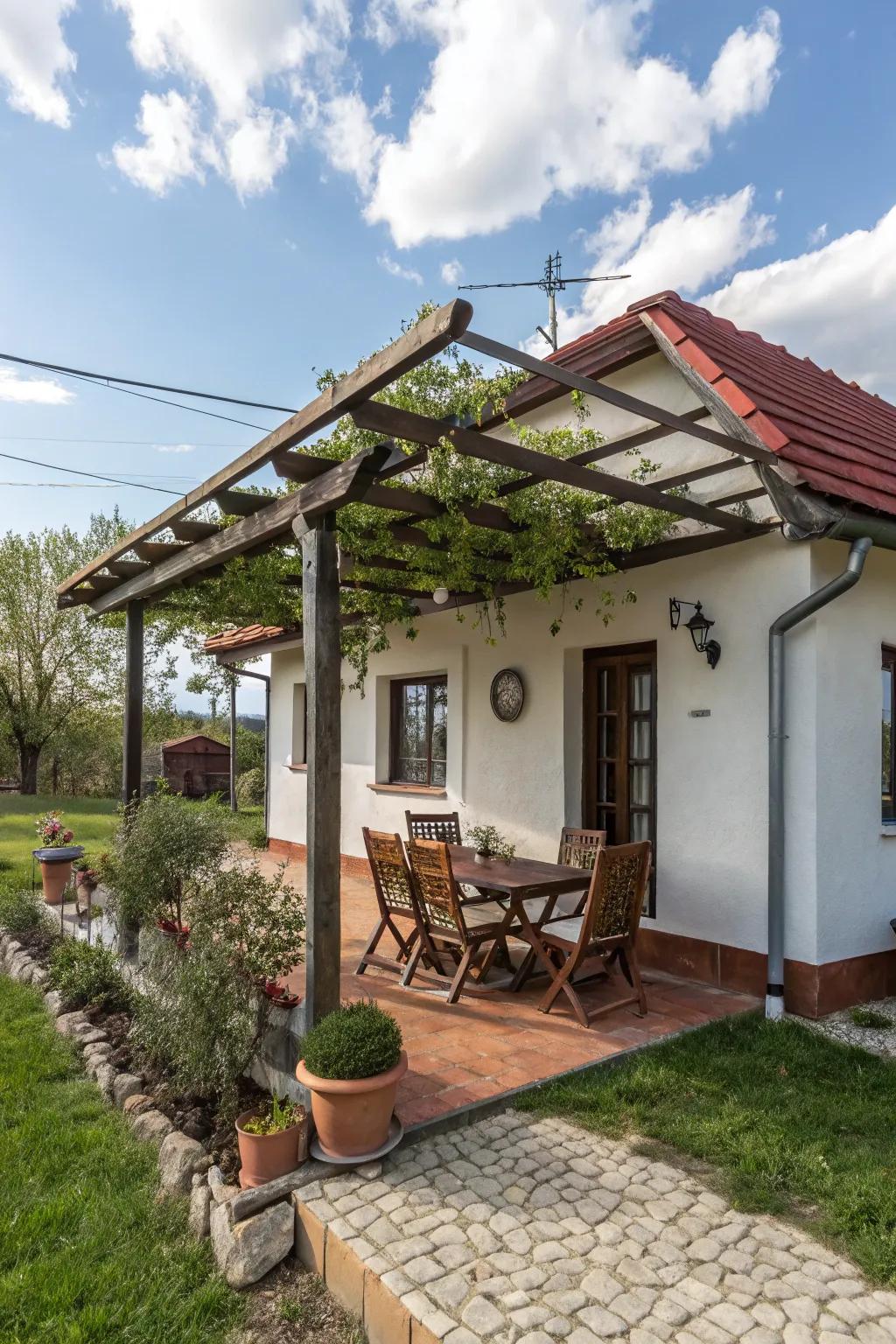 A pergola offers shade and defines outdoor living spaces beautifully.