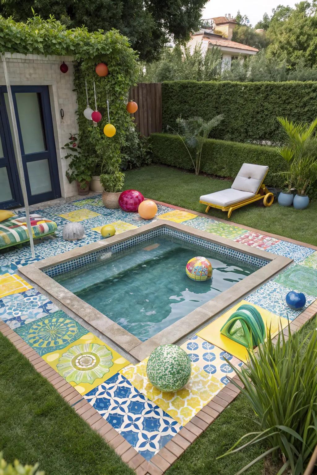 Colorful tiles and accessories add personality and vibrancy to the pool area.