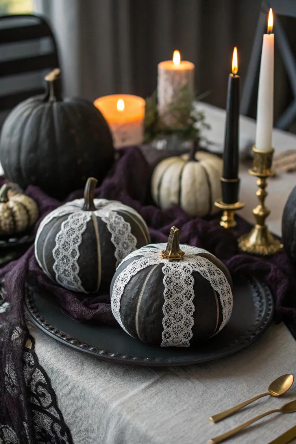 Gothic pumpkins exude mystery and elegance with black lace and paint.