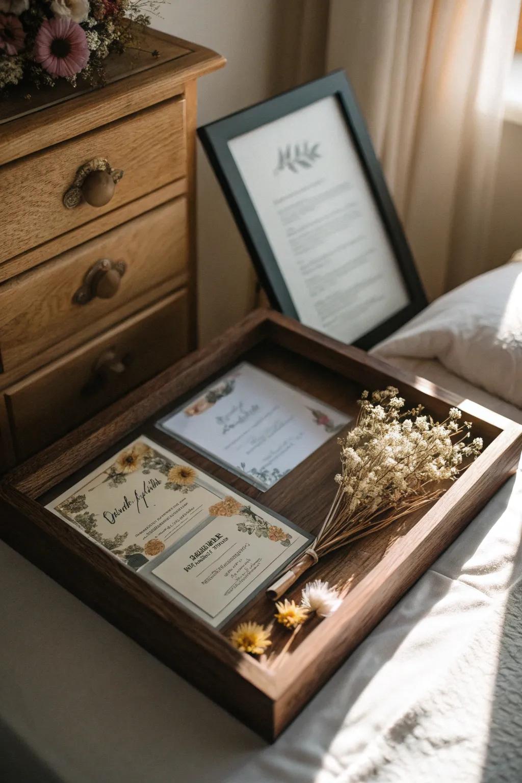 Celebrate your love story with a wedding shadow box.