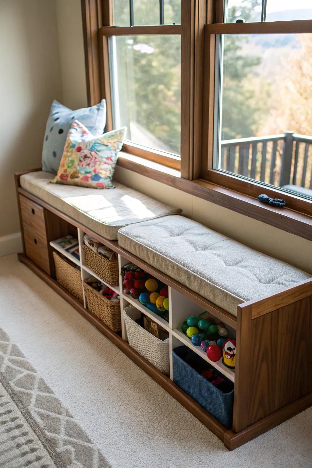 A storage bench providing dual functionality in a playroom.