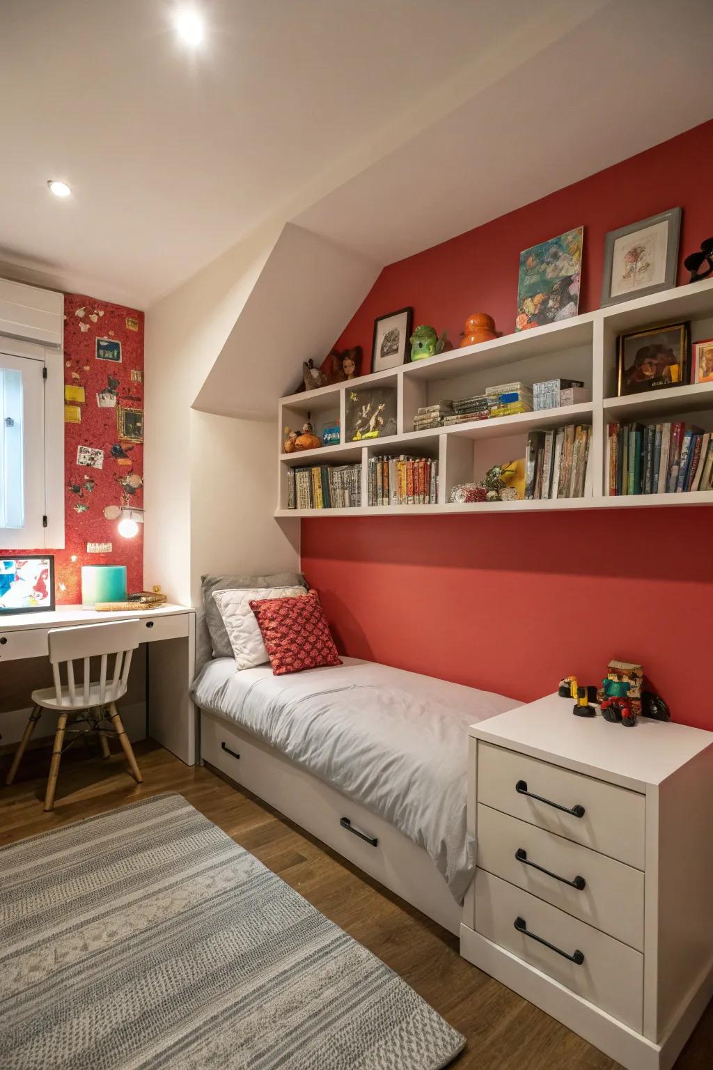 A bold accent wall transforms the room with color and depth.
