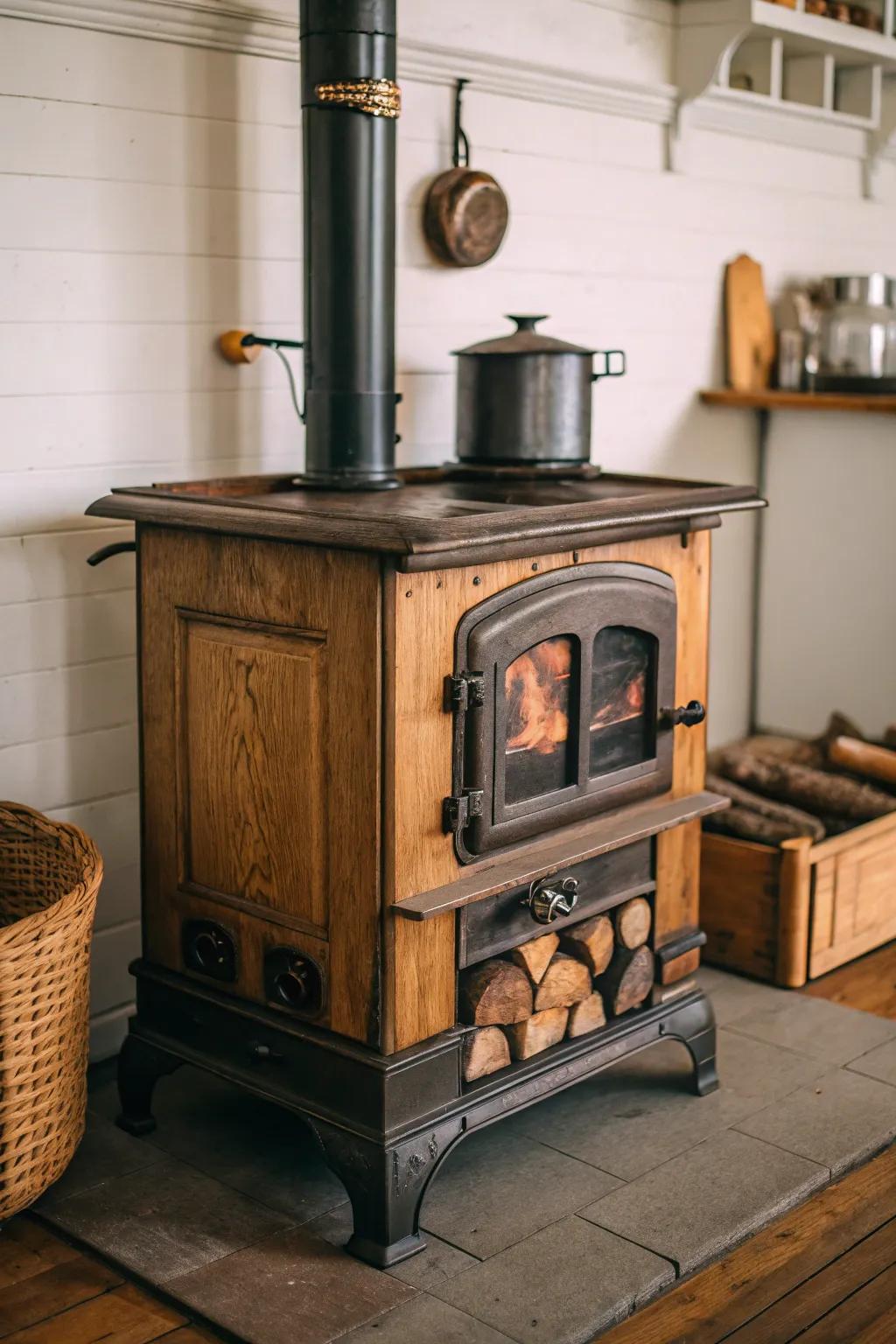 A vintage-style wood stove adds nostalgic charm to any room.