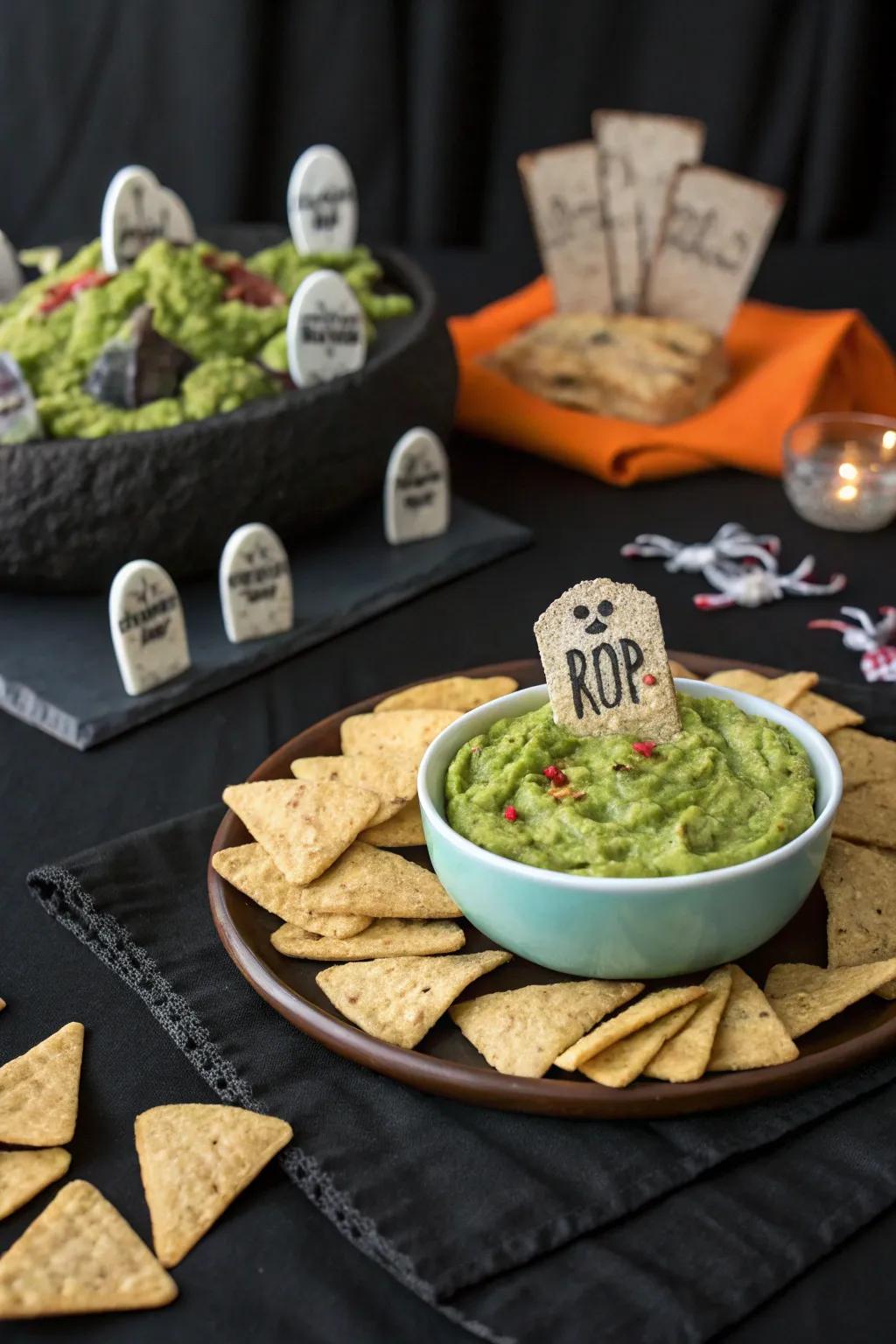 Graveyard avocado dip turning snack time into a spooky event.