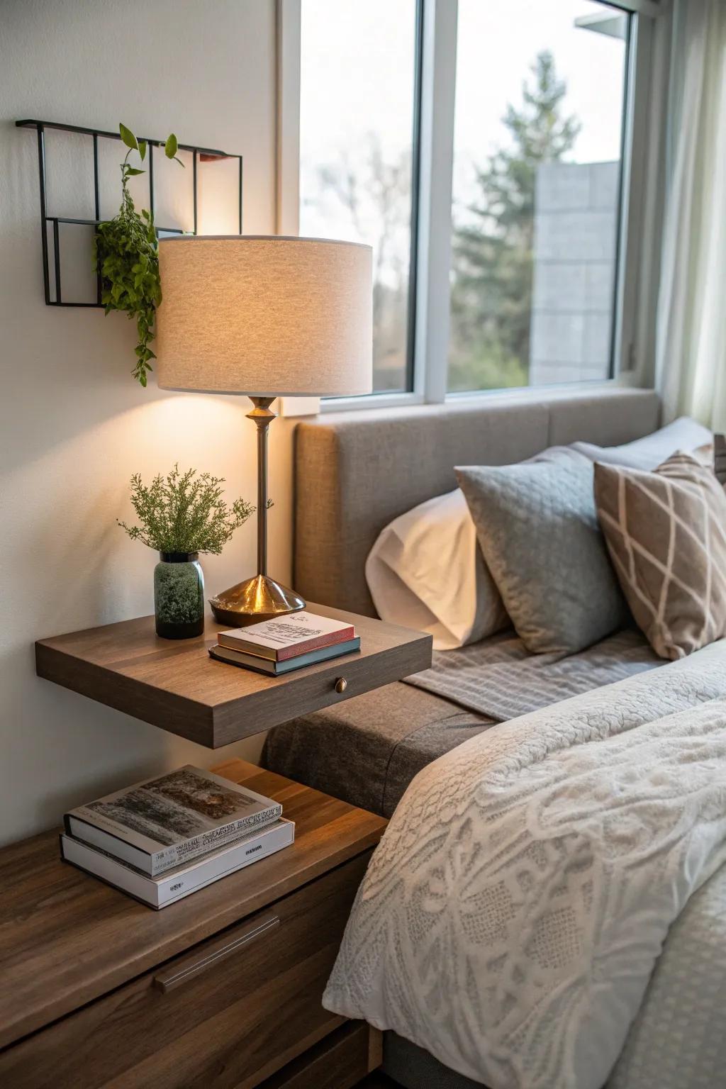 Minimalist bedroom with a floating nightstand.