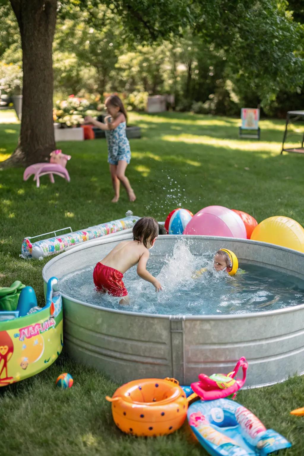 A kids' play area with toys makes the stock tank pool family-friendly.