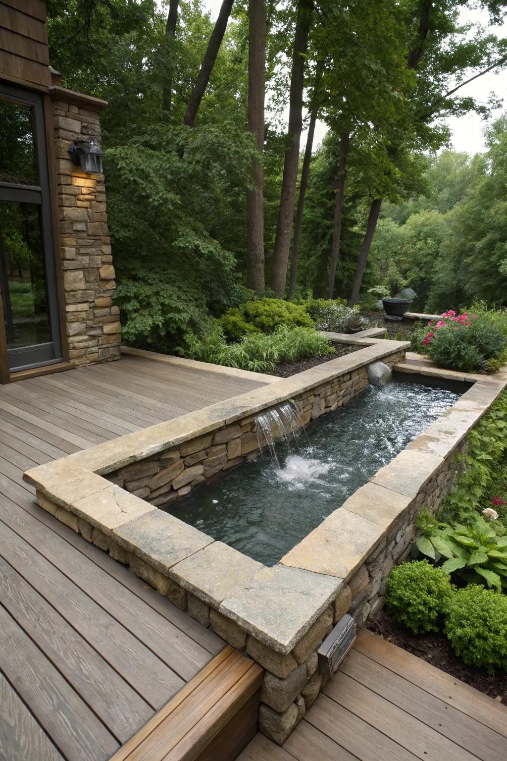 A serene deck featuring stone skirting with a soothing water feature.