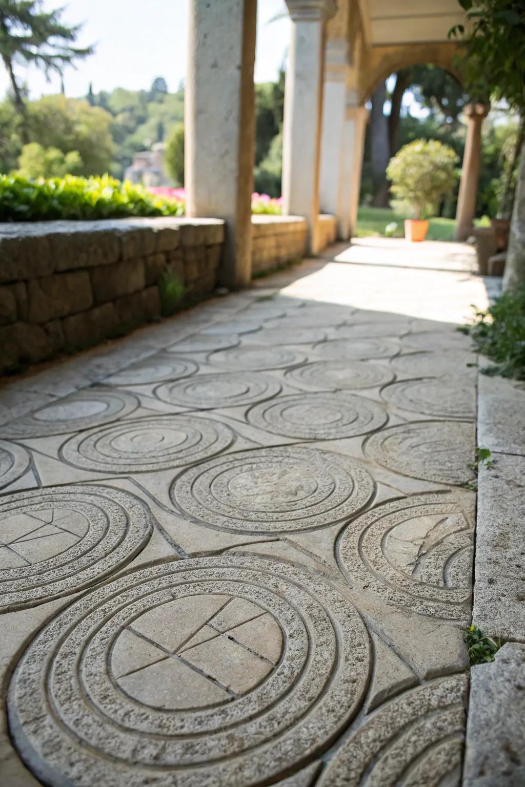 A stone patio with dynamic circular patterns.