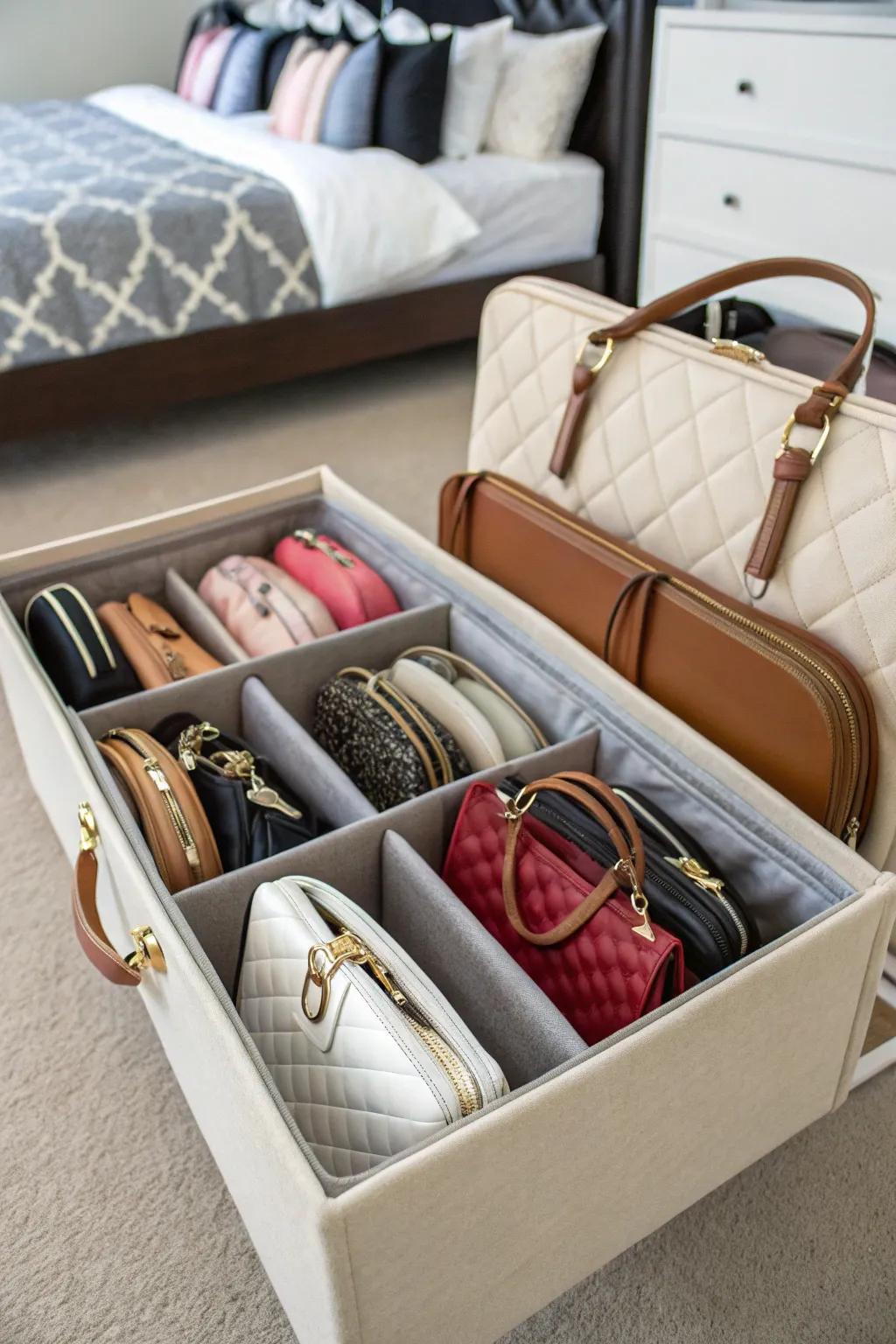 Under-bed storage boxes for purses.