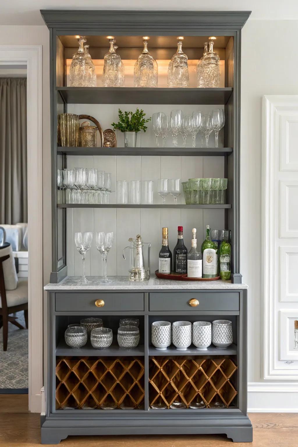 Repurposed bookcases offer ample space for stylish glass storage.