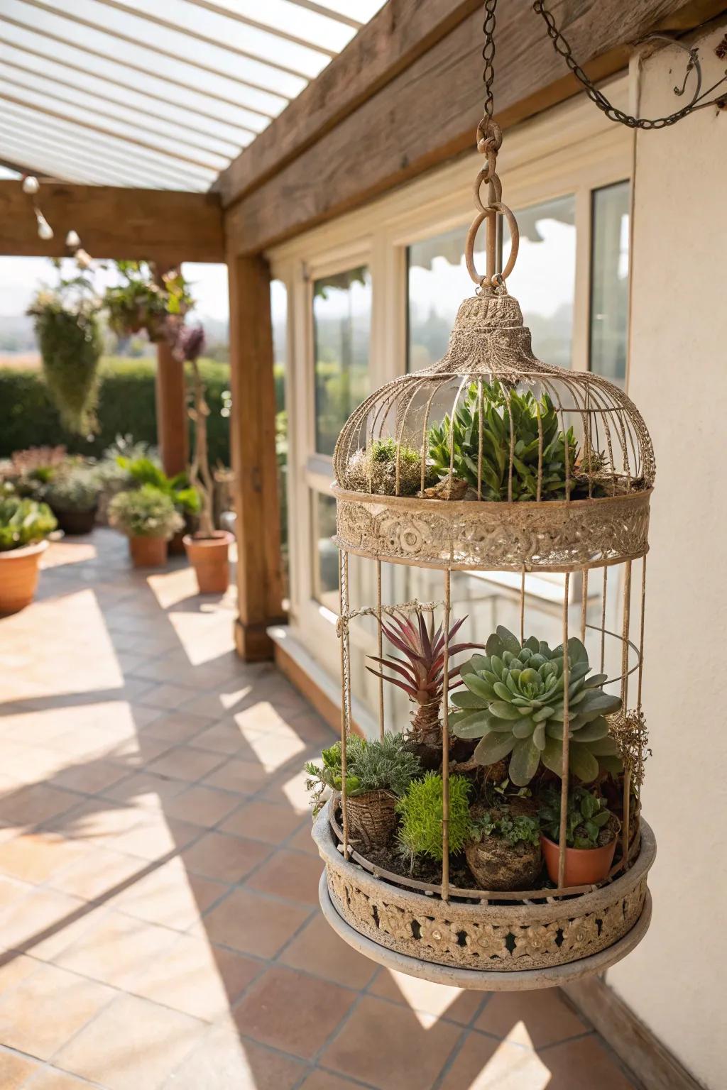 Vintage bird cages create enchanting succulent displays.