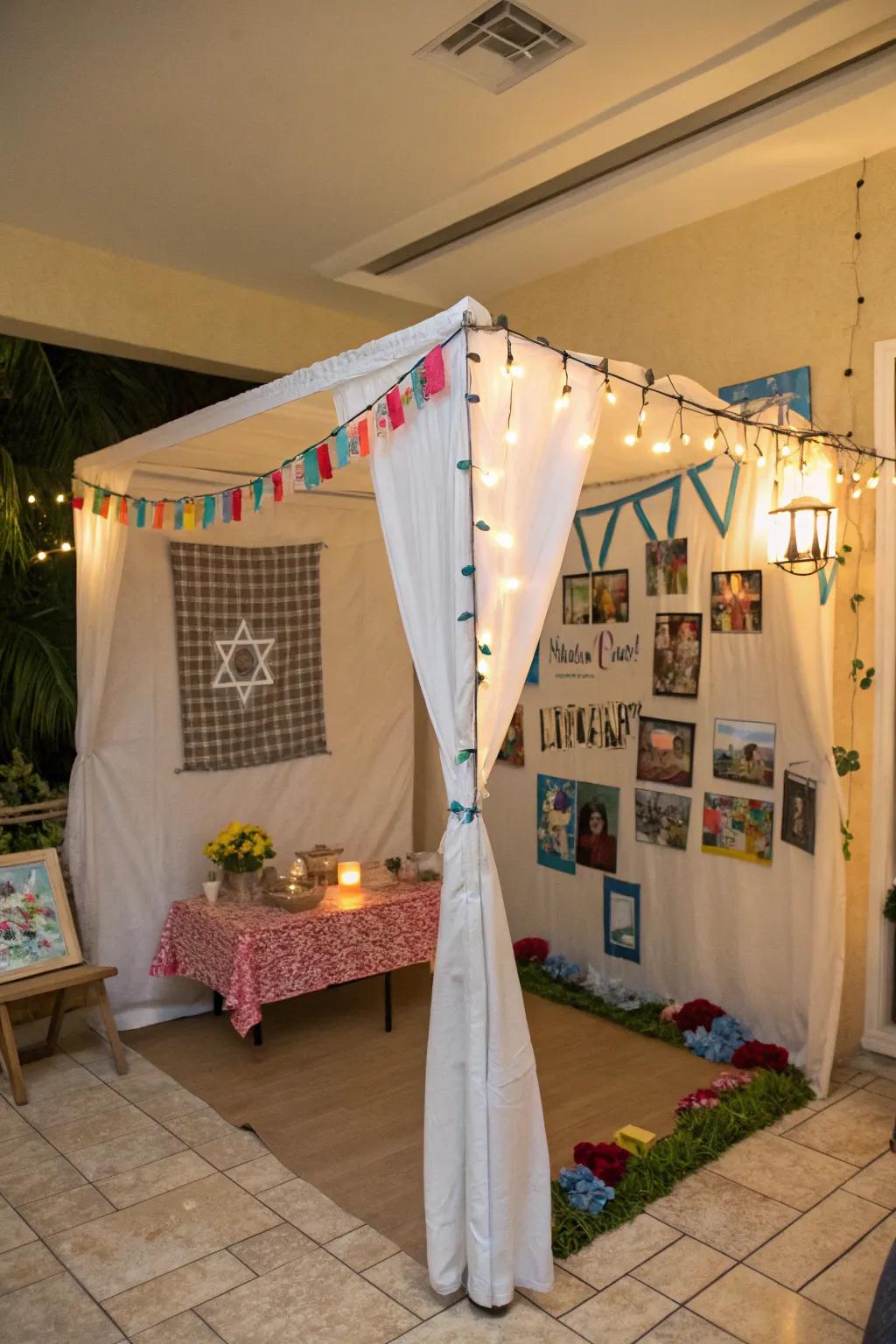 A warm and creative sukkah featuring personalized family art.