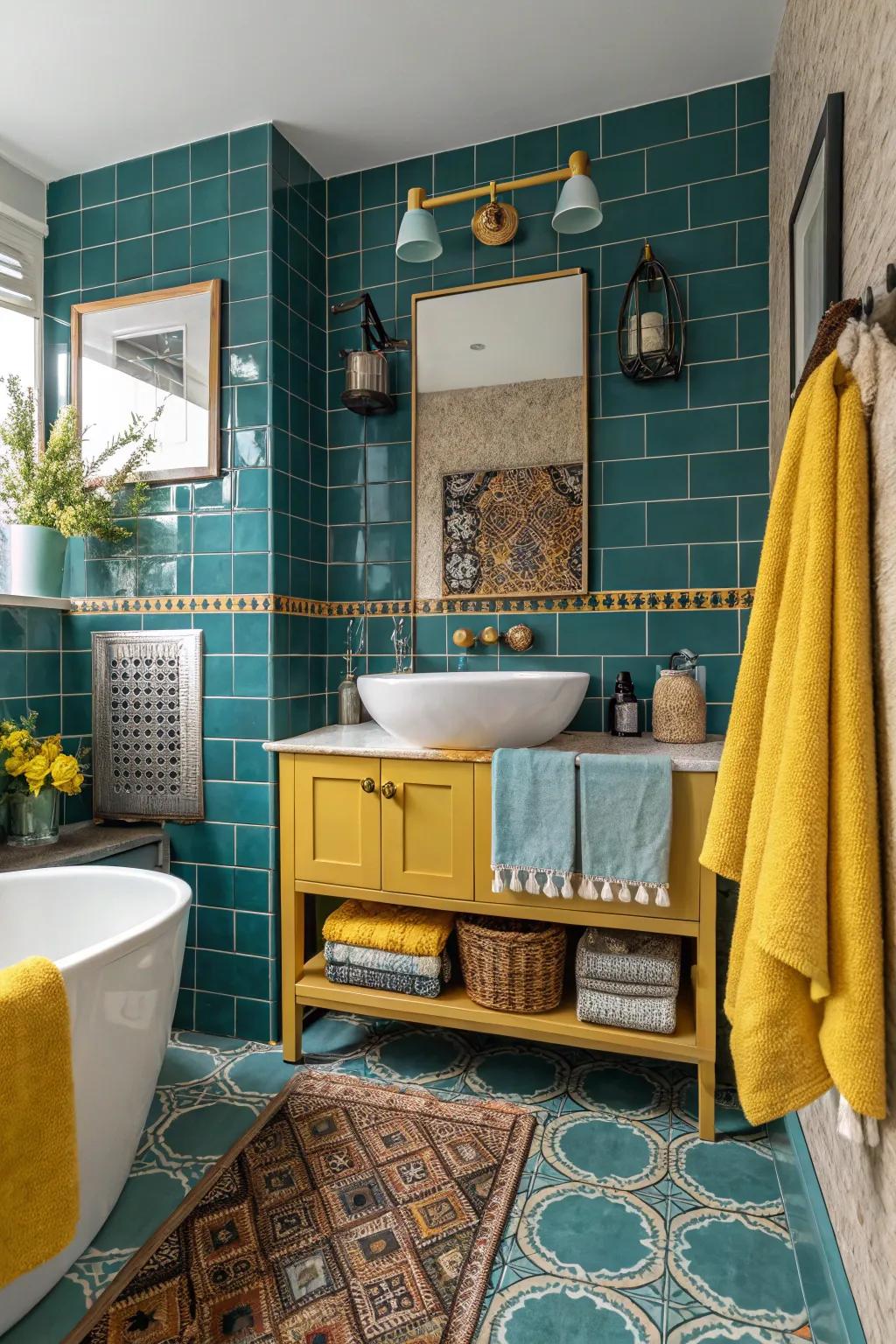 Unexpected color pairings with teal tiles make a bold statement.