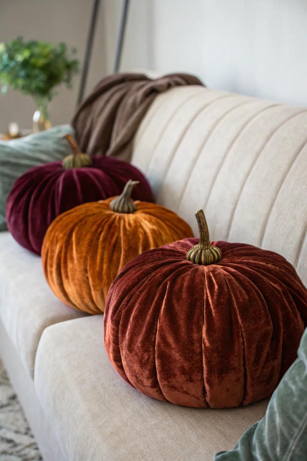 Luxurious velvet pumpkins for a tactile decor.