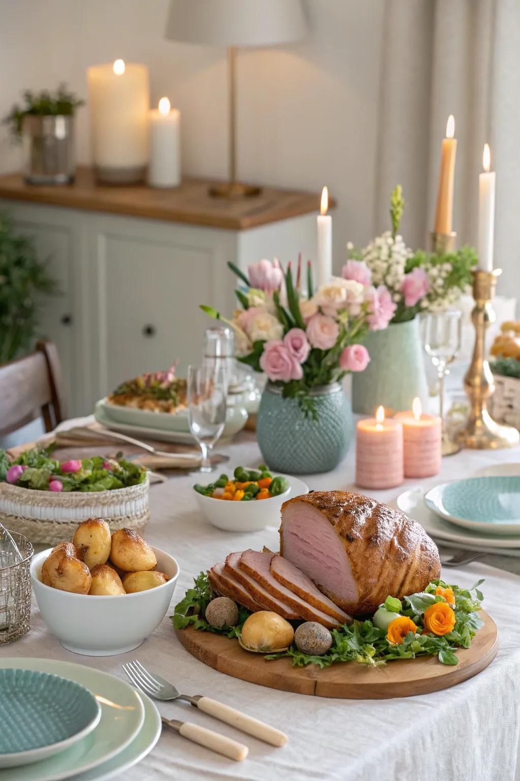 A sumptuous Easter dinner ready to be enjoyed.