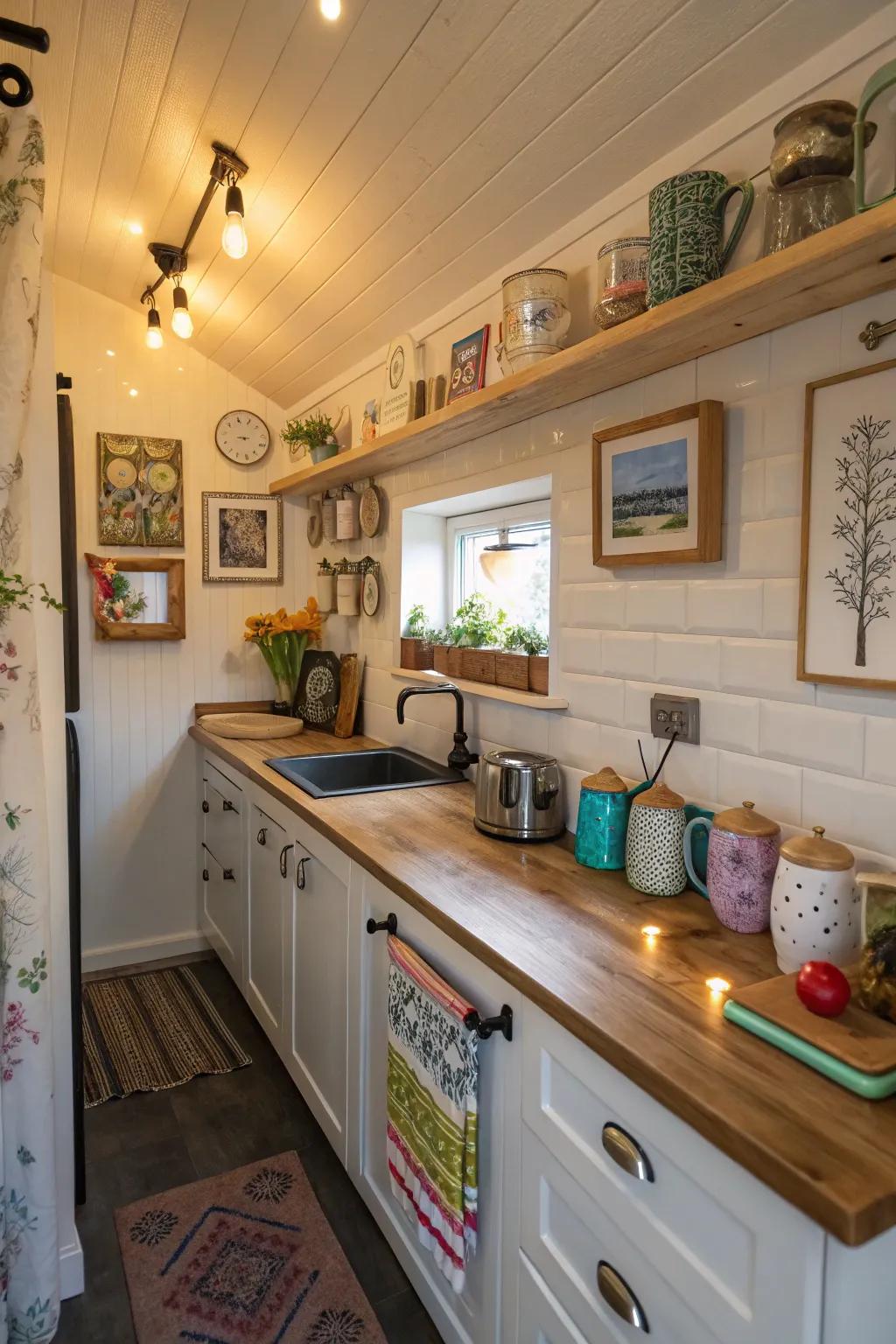 Personalized decor adds warmth and personality to a tiny kitchen.