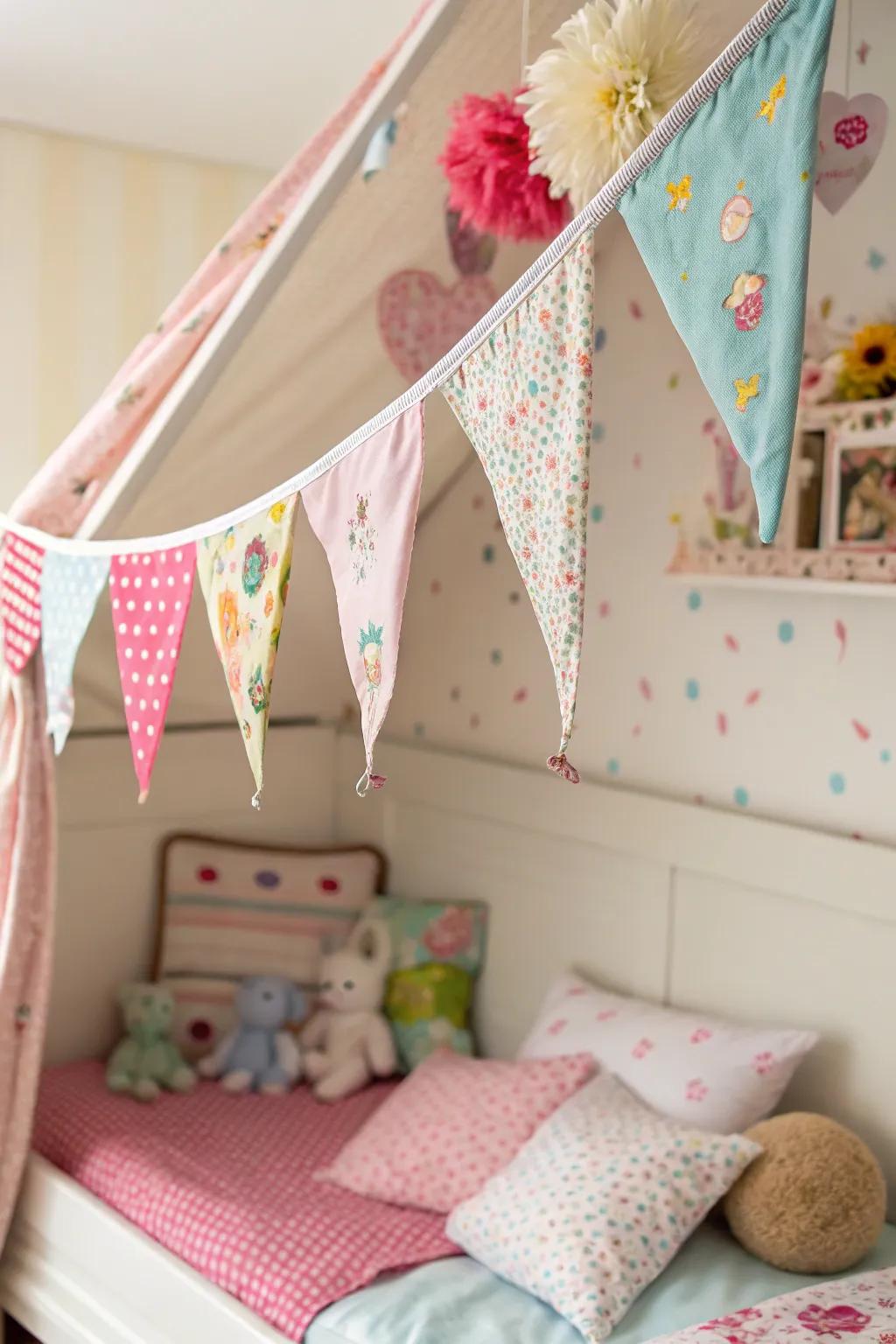 Fabric bunting brings a playful vibe to the space.