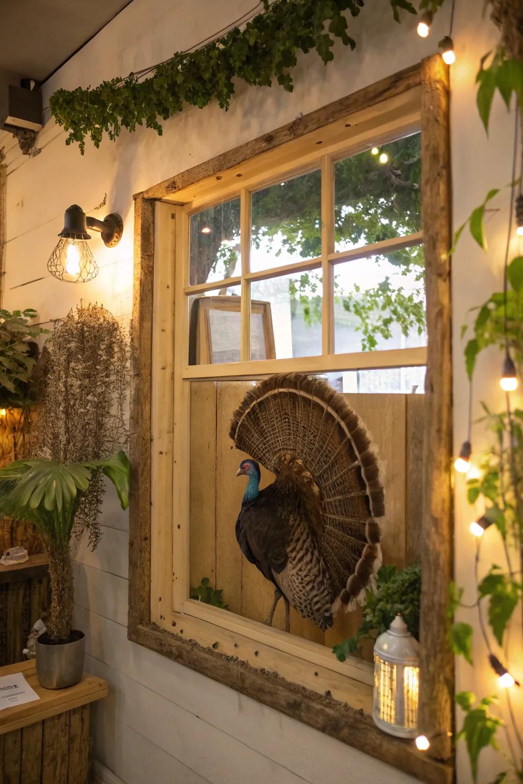 Upcycled materials give a turkey fan mount a unique, sustainable flair.