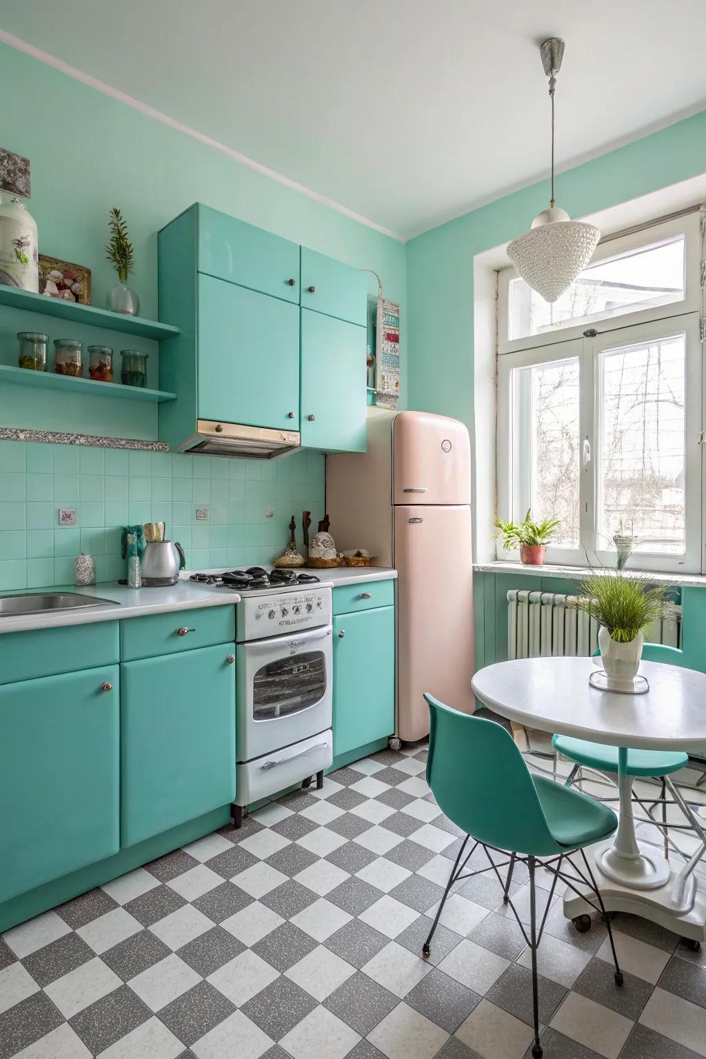 Vintage elements adding a retro charm to a turquoise kitchen.