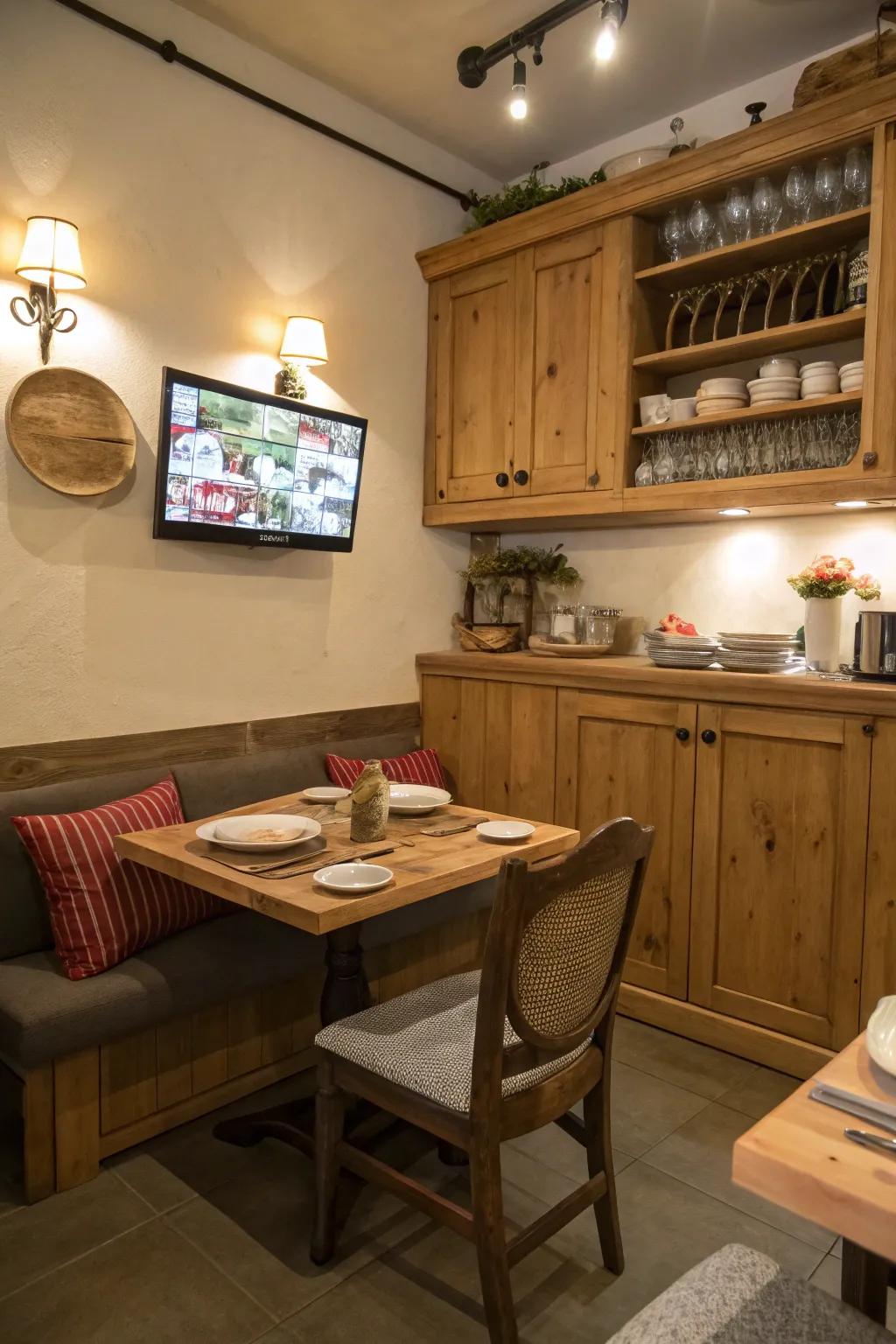 A TV placed in the dining nook for cozy mealtime entertainment.