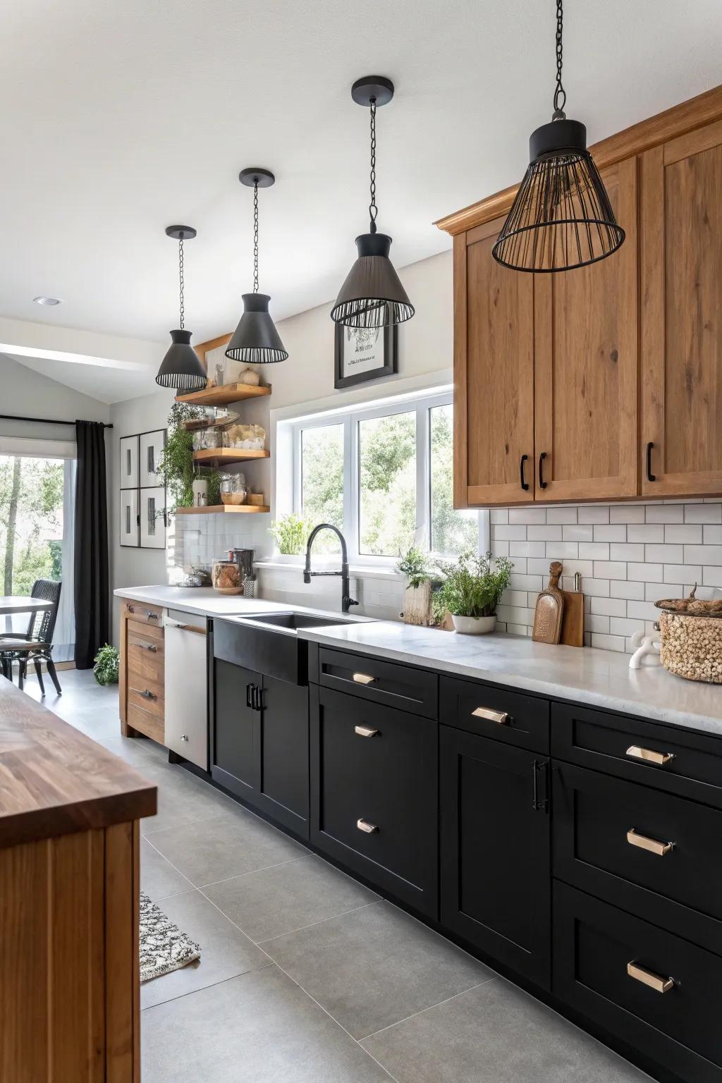 A sophisticated black and wood kitchen for timeless appeal.