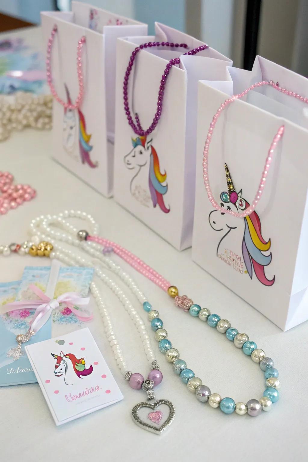 Elegant unicorn-themed jewelry for stylish favors.