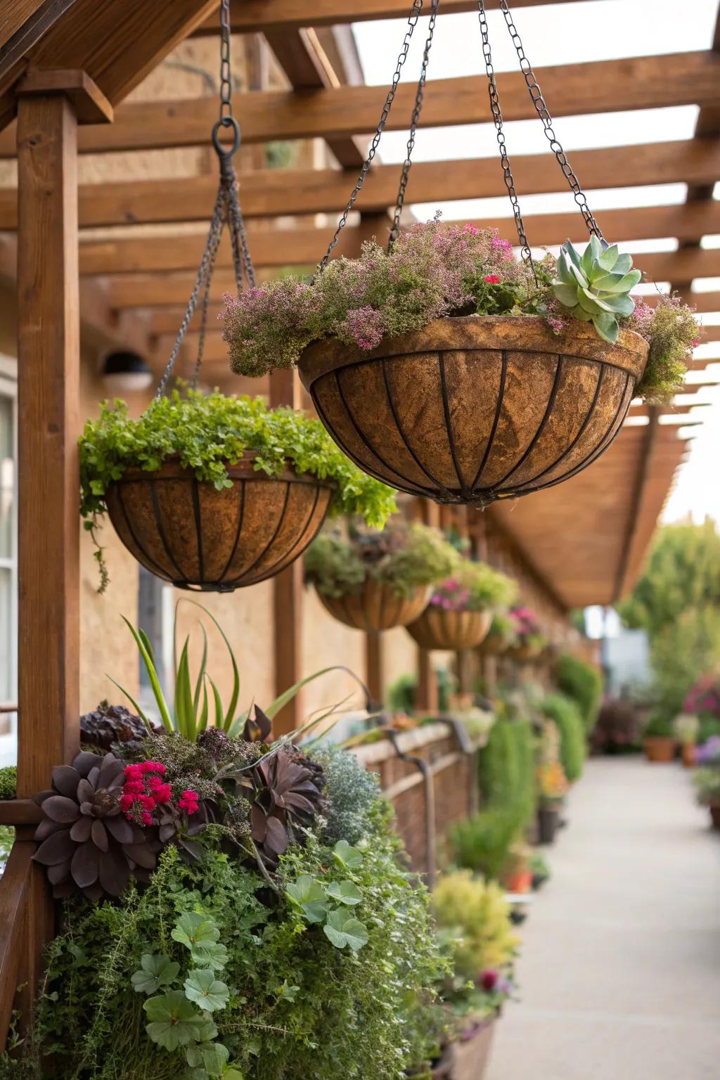 Hanging baskets create a stunning display of suspended succulent gardens.